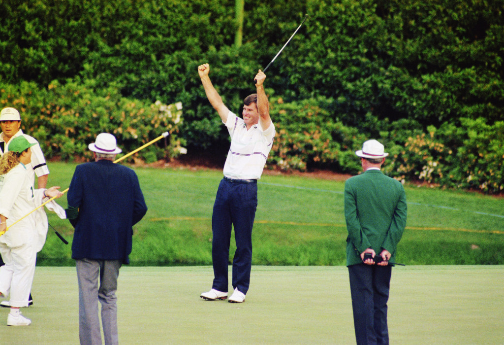 AUGUSTA,GA - APRIL 8: Nick Faldo of England celebrates his playoff victory over Raymond Floyd during the final round of the Masters, held at The Augusta National Golf Club on April 8, 1990  in Augusta, GA.  (Photo by David Cannon/Getty Images)
