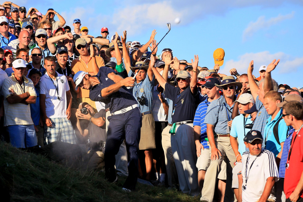 Missed chance: Dustin Johnson hits his second shot on the 18th hole in 2010 (Photo by Andy Lyons/Getty Images)