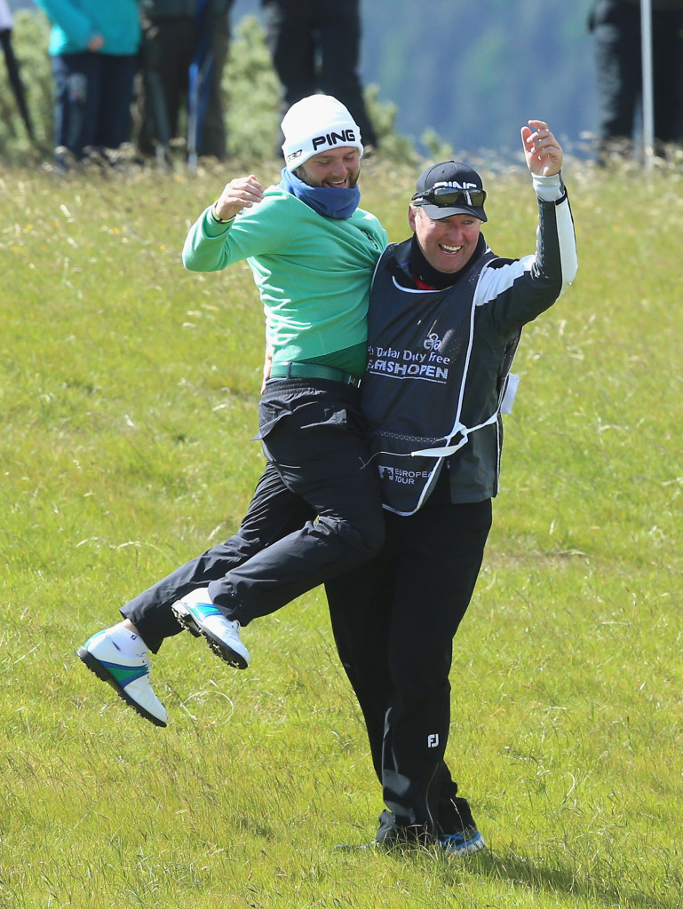 Celebrating an albatross on the 1st in the second round of the Irish Open (Photo by Andrew Redington/Getty Images)