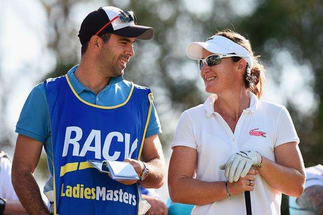 On the mend: Fit-again Gwladys Nocera shares a laugh with her caddie (Photo by Getty Images)
